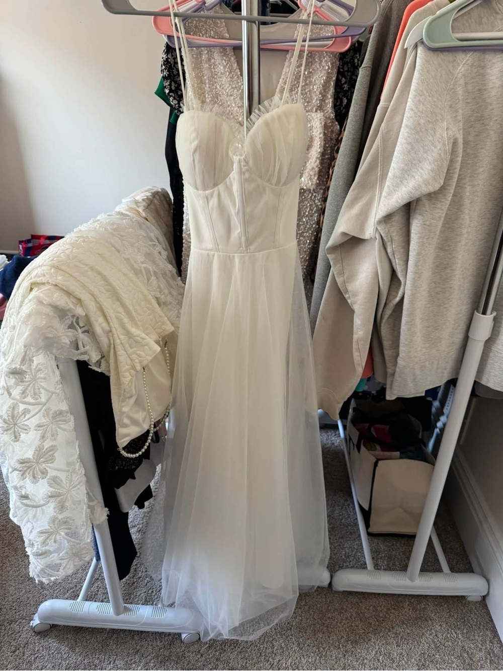 Womenβs White Tulle Spaghetti-Strap Dress
